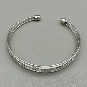 Bracelet Silver Tone Open Cuff Clear Rhinestone Double Row Sparkle Bangle 6.5"